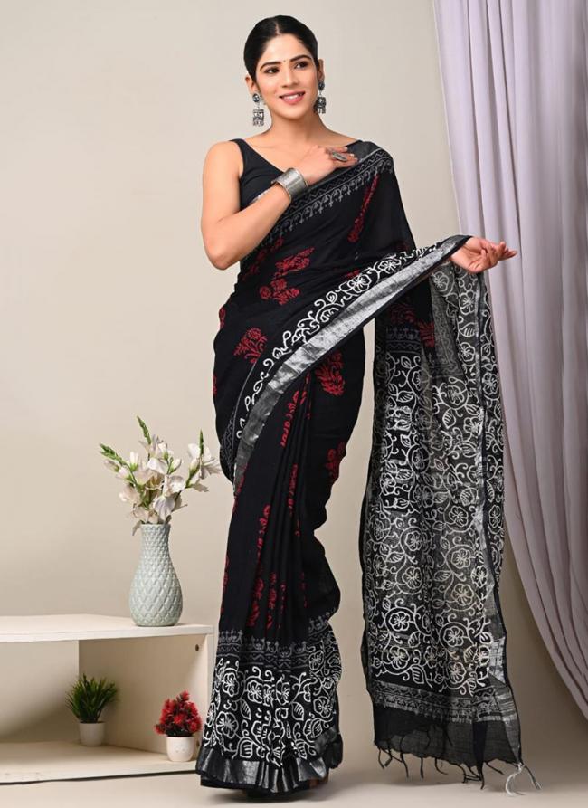 Pure Linen Cotton Black Casual Wear Pure Hand Work Saree